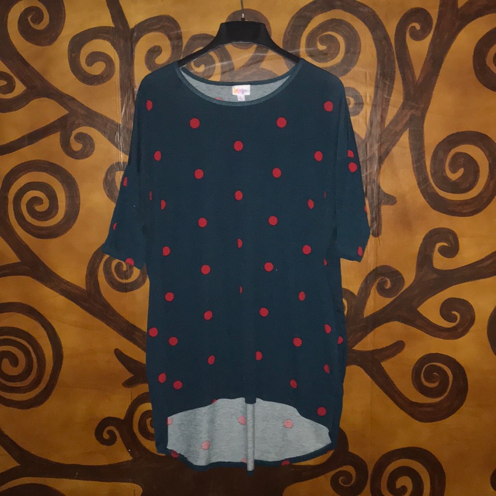 LuLaRoe Irma top. Teal with red dots.